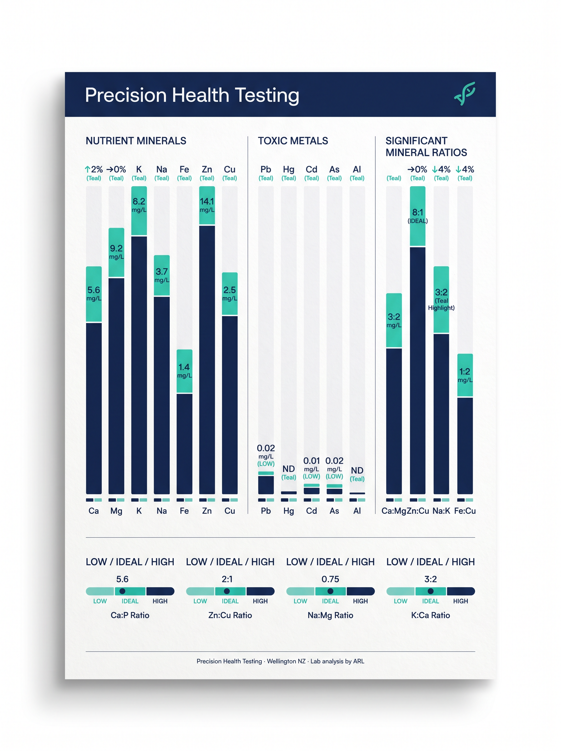 Sample HTMA report interior page showing nutrient minerals, toxic metals and significant mineral ratios